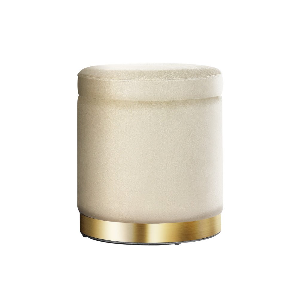 Artiss Ottoman Storage Foot Stool Round Velvet Cream - NuSea